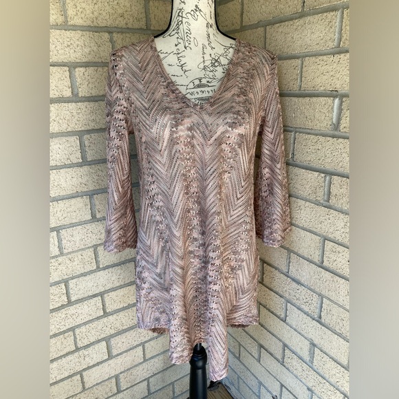 Elif Open Knit V Neck Shiny Metallic Pink Grey Swim Cover Up Tunic Bell Sleeves - Picture 13 of 16